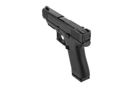 Blue label GLOCK 48 9mm handgun with night sights, front slide serrations, and optics ready MOS cut